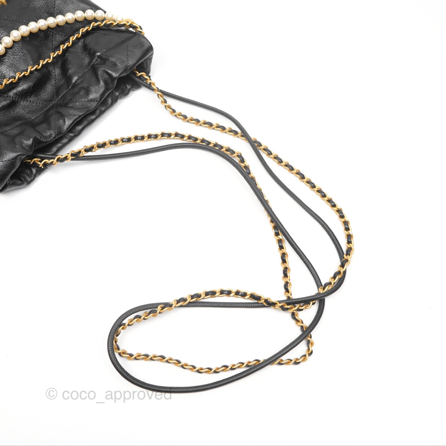 Chanel 22 Quilted Logo Mini Bag with Pearl Chain Black Shiny Crumpled Calfskin