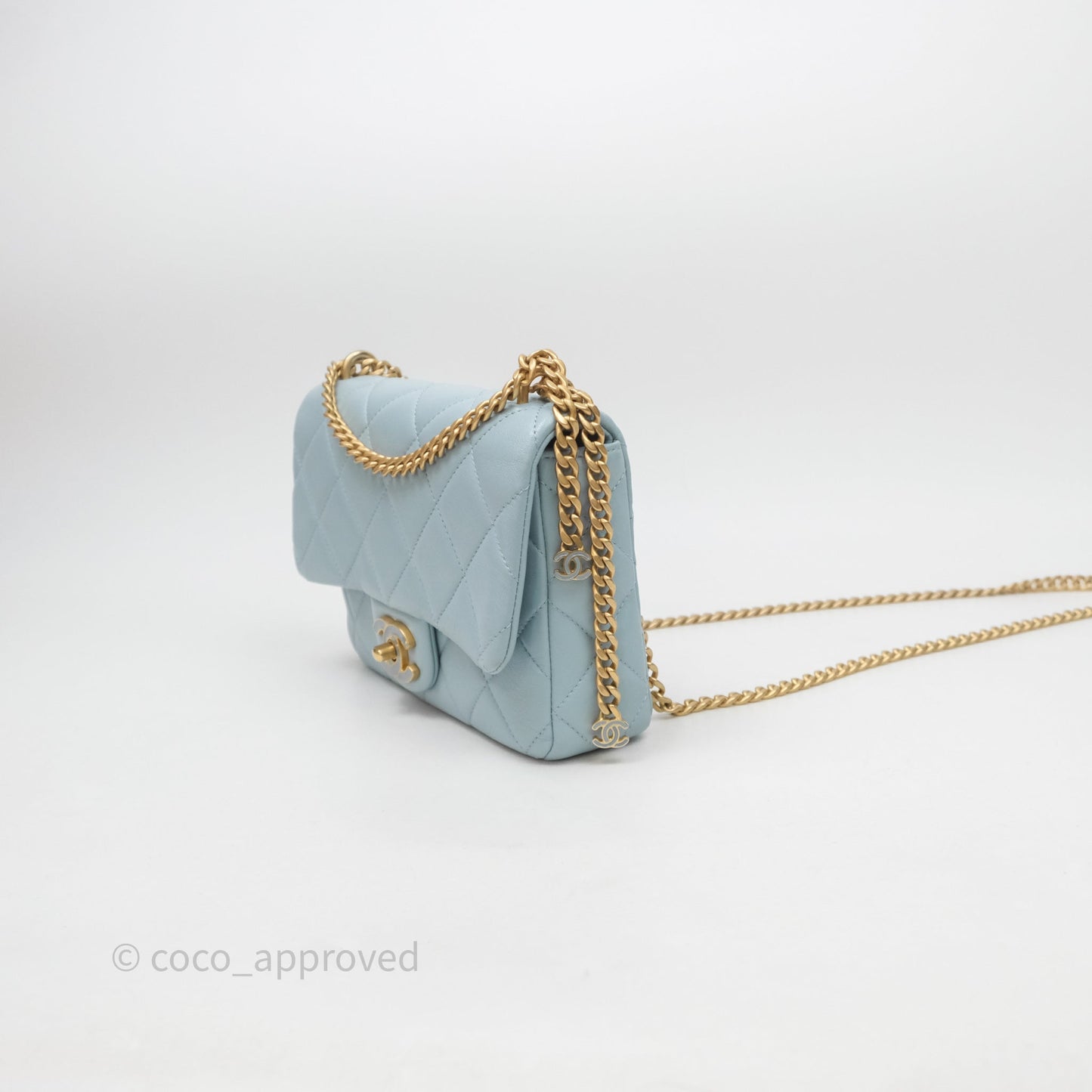 Chanel Quilted Enamel Pending CC Small Square Flap Baby Blue Lambskin
