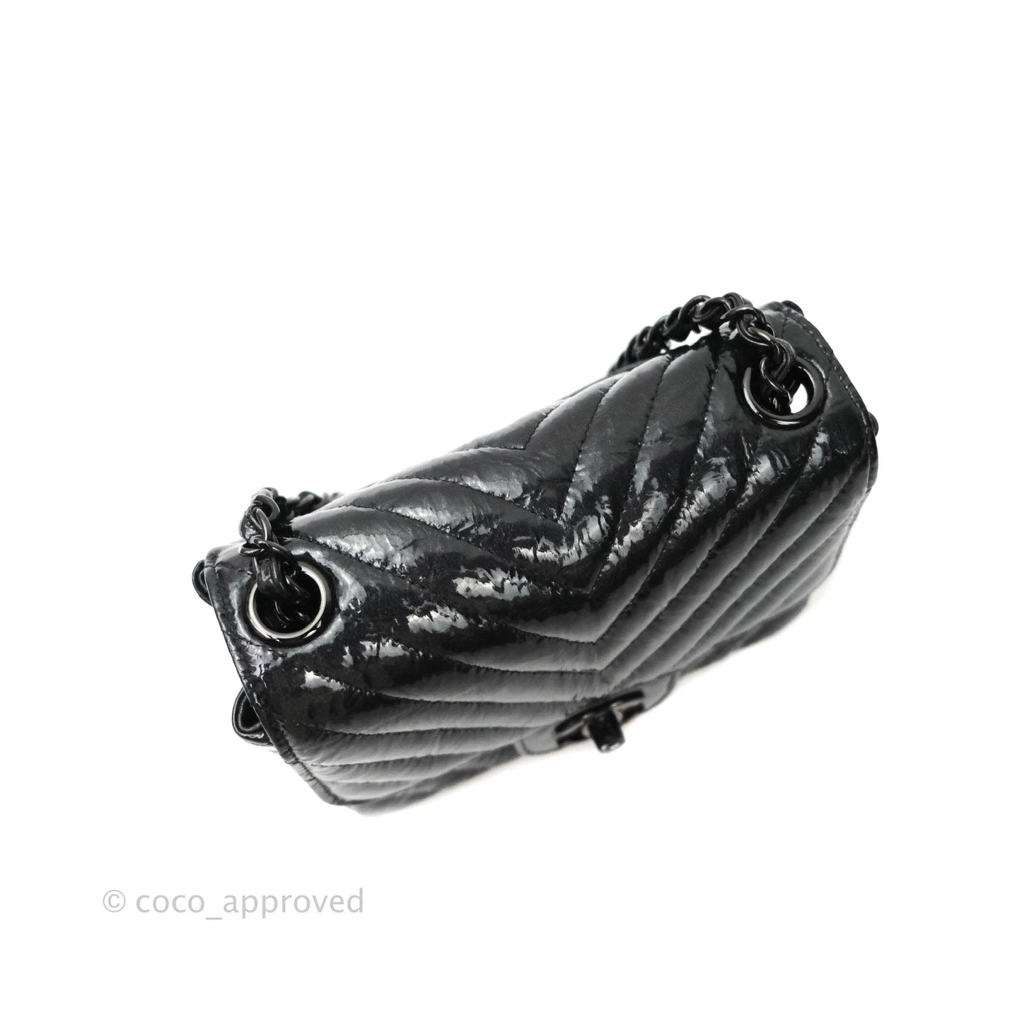 Chanel Mini Square Chevron Black Crumpled Metallic Patent So Black
