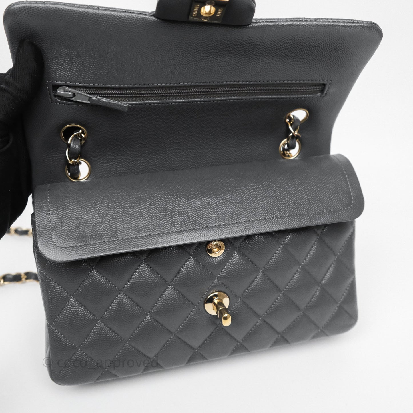 Chanel Small Classic Flap Quilted Dark Grey Caviar Gold Hardware