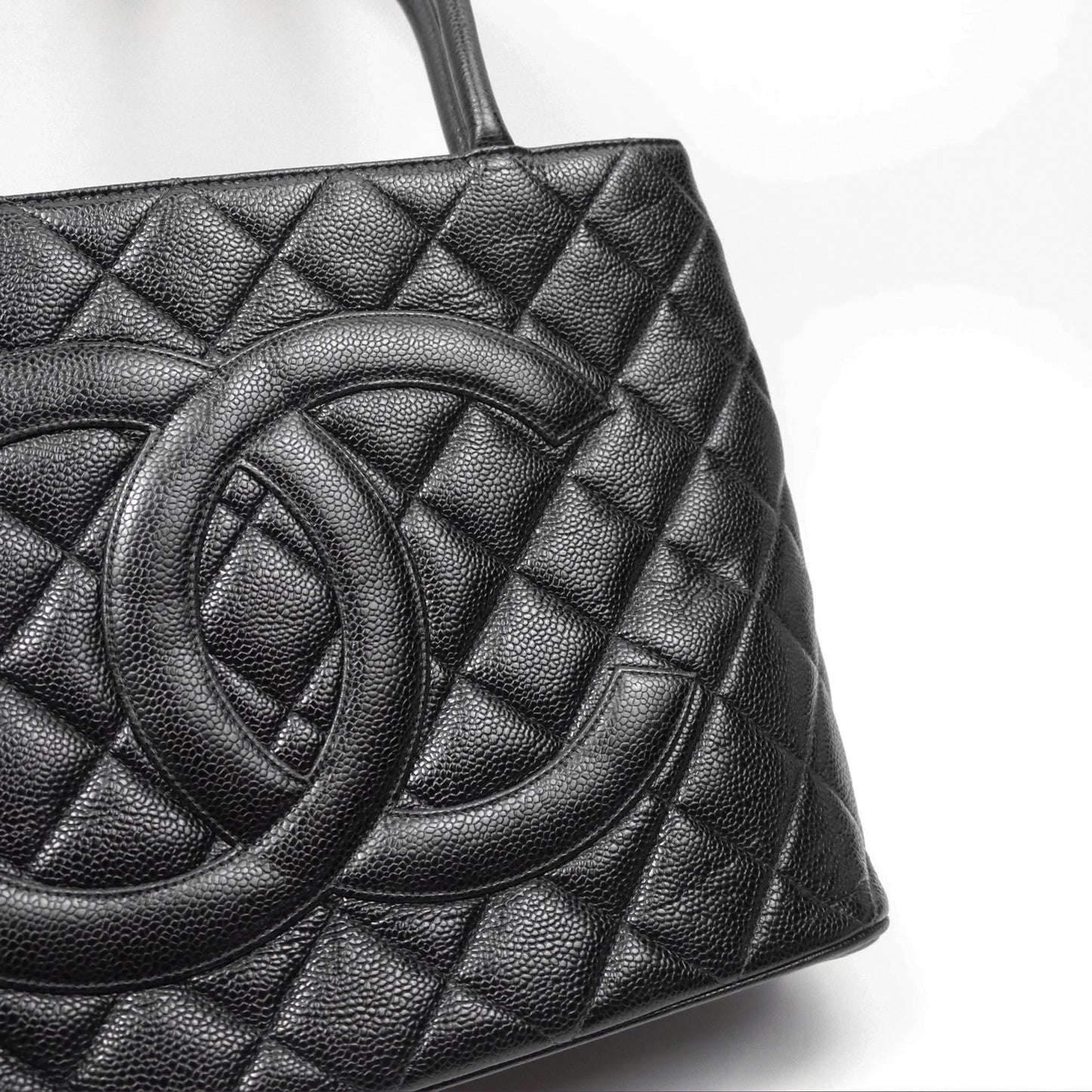 Chanel Vintage Medallion CC Black Caviar Tote Bag Silver Hardware