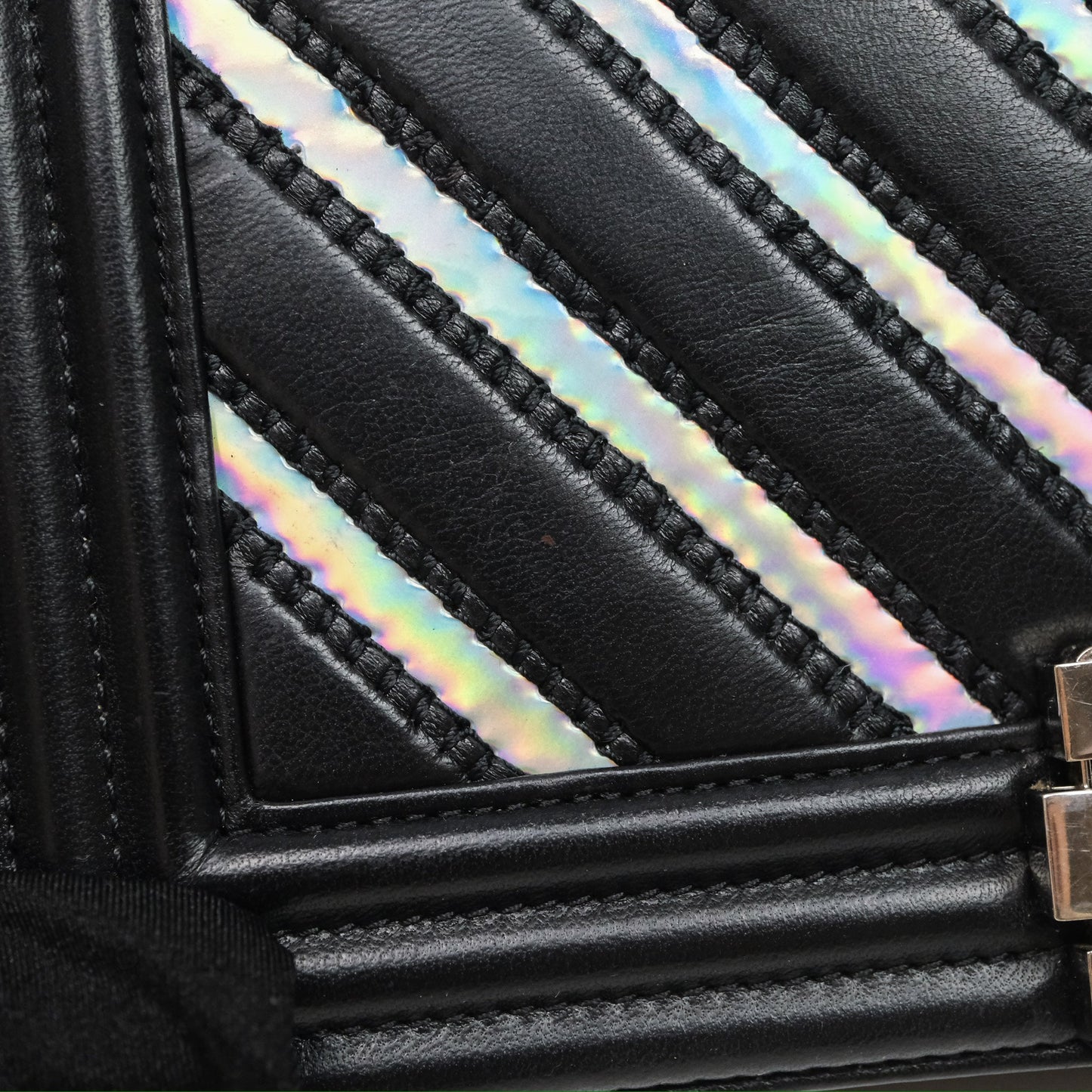 Chanel Medium Boy Chevron Iridescent PVC Lambskin Black Silver Hardware