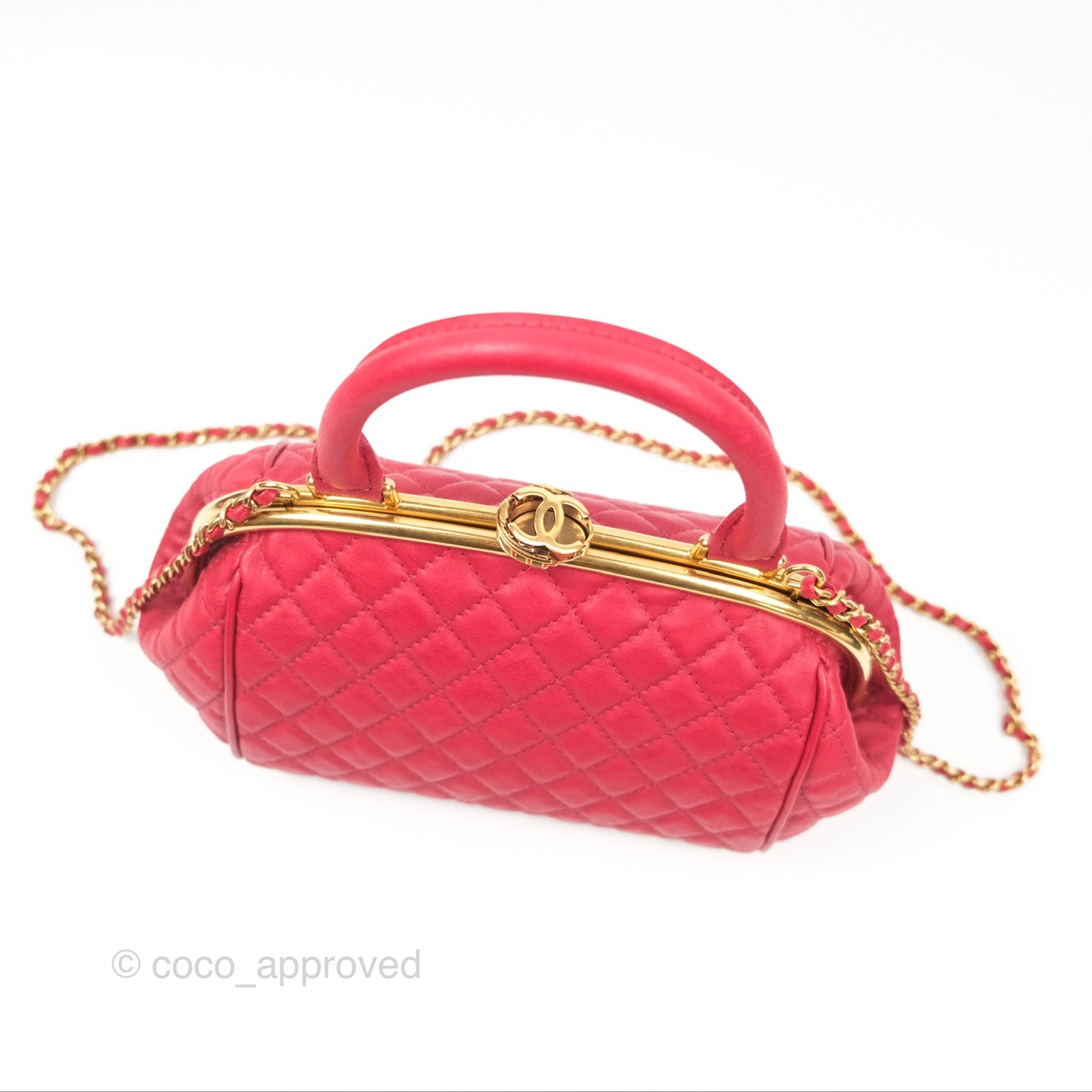Chanel Quilted Kisslock Handbag With Chain Red Calfskin Gold Hardware
