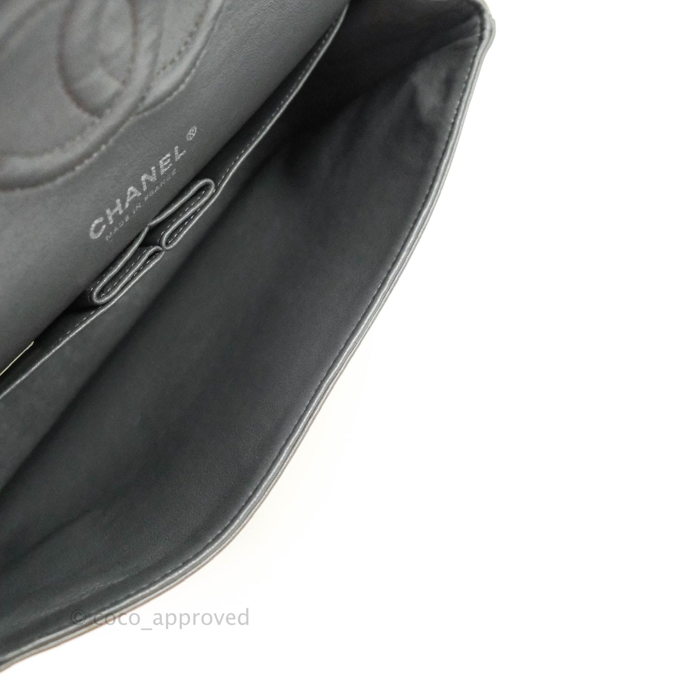 Chanel Classic M/L Medium Double Flap Olive Green Patent Silver Hardware