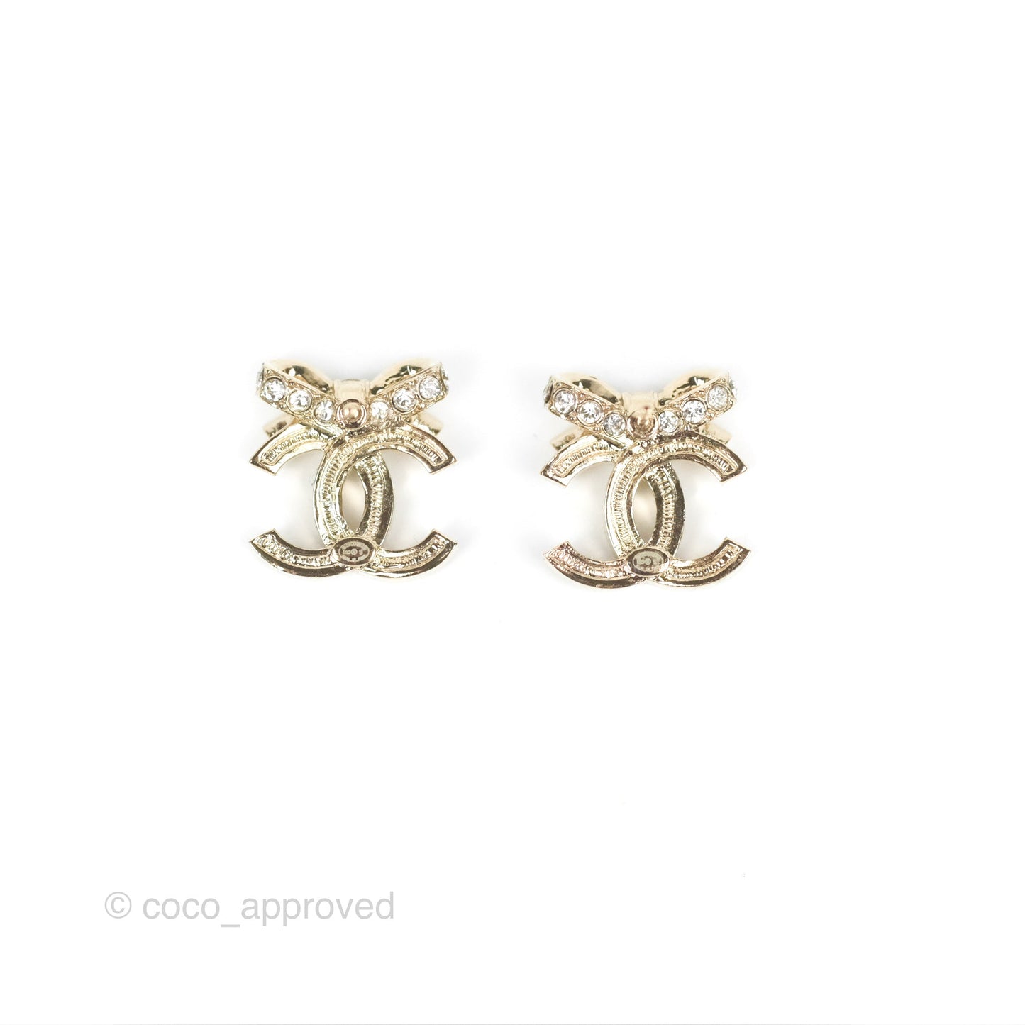 Chanel Crystal Ribbon Bow CC Earrings Gold Tone 23S
