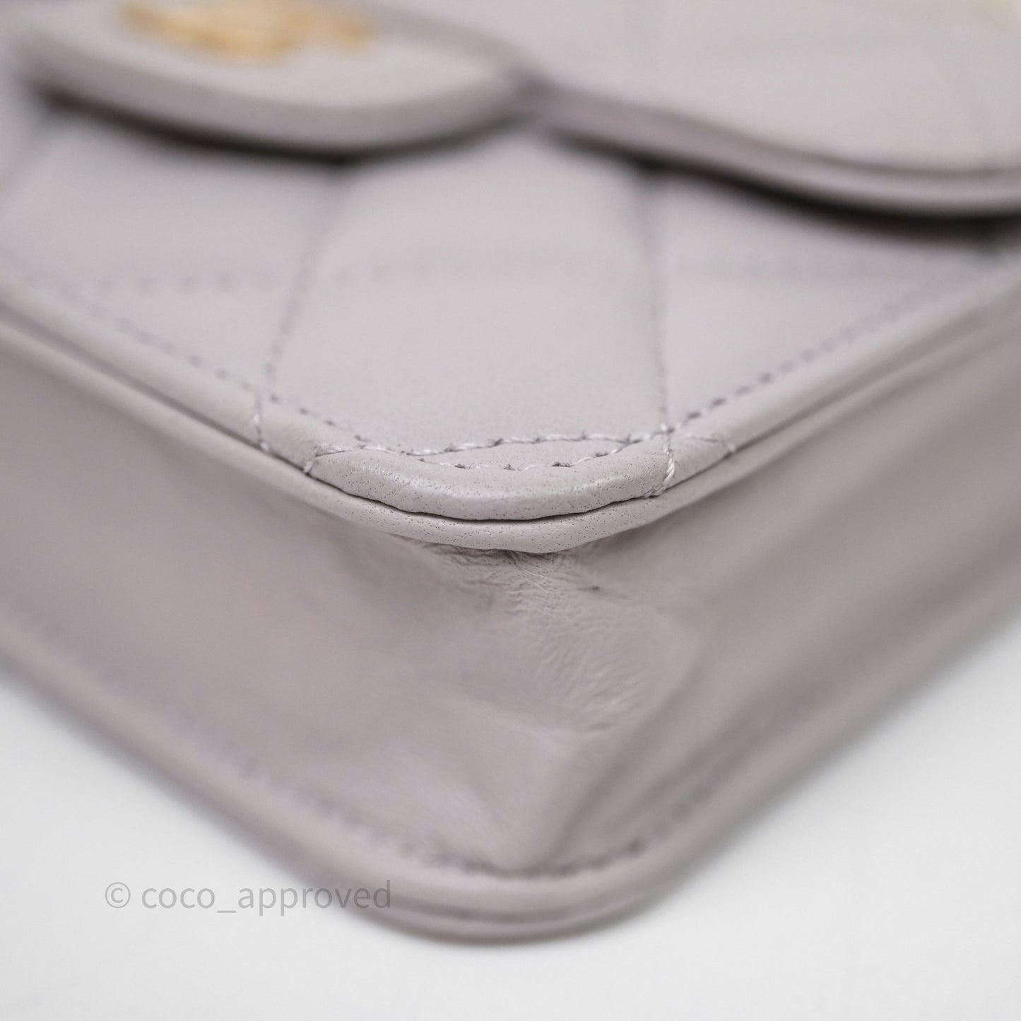 Chanel Mini Handle Flap Coin Purse With Chain Grey Lambskin Aged Gold Hardware