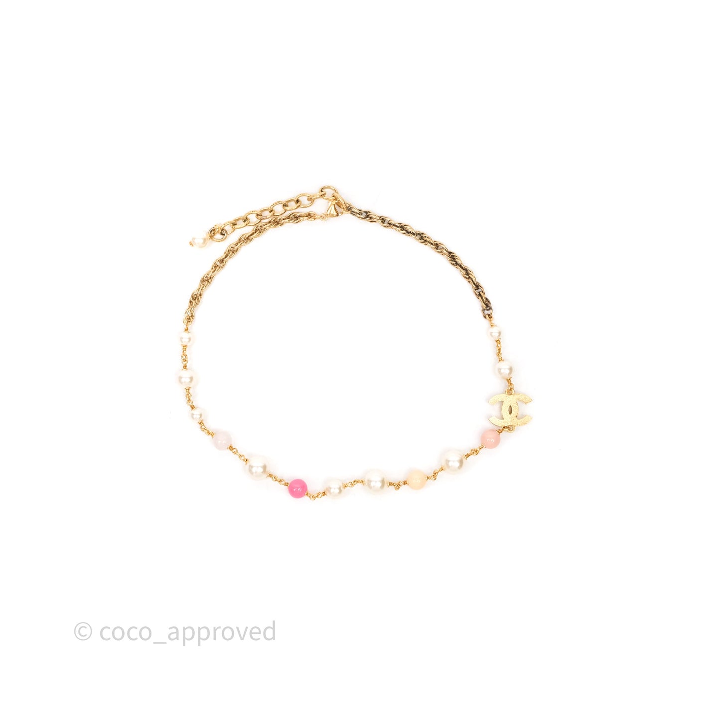 Chanel CC Pearl Pink Bead Necklace Gold Tone 22A