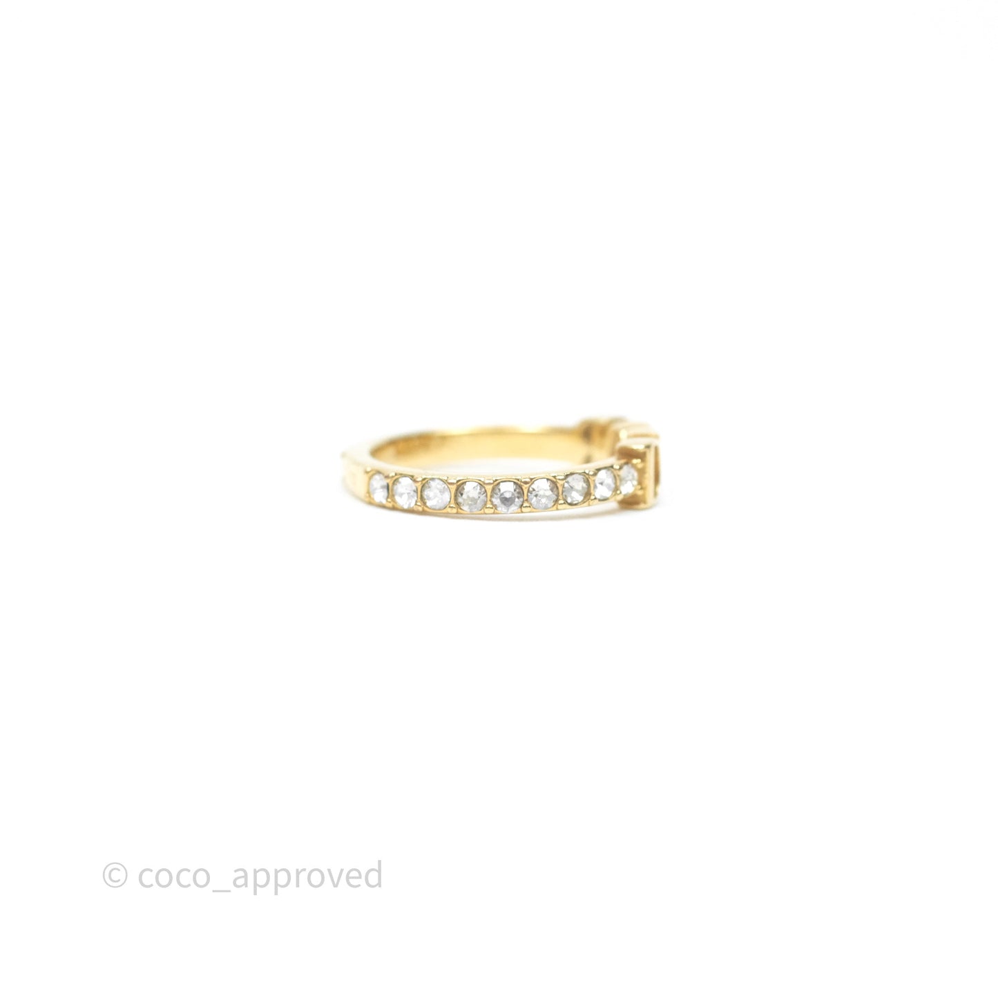 Christian Dior Crystal Logo Ring Gold Tone Size M