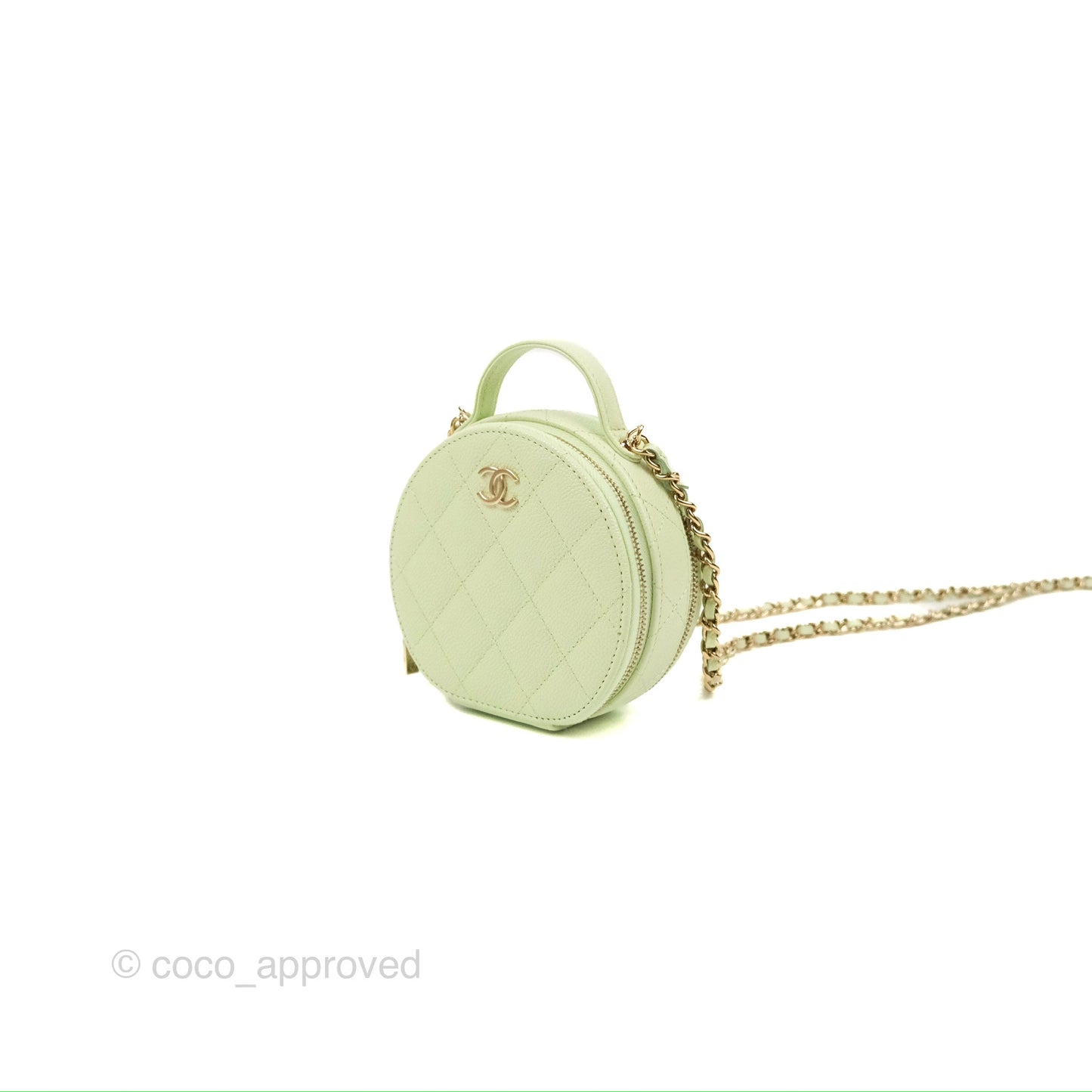 Chanel Mini Round Vanity Bag Handle With Care Light Green Caviar 22C