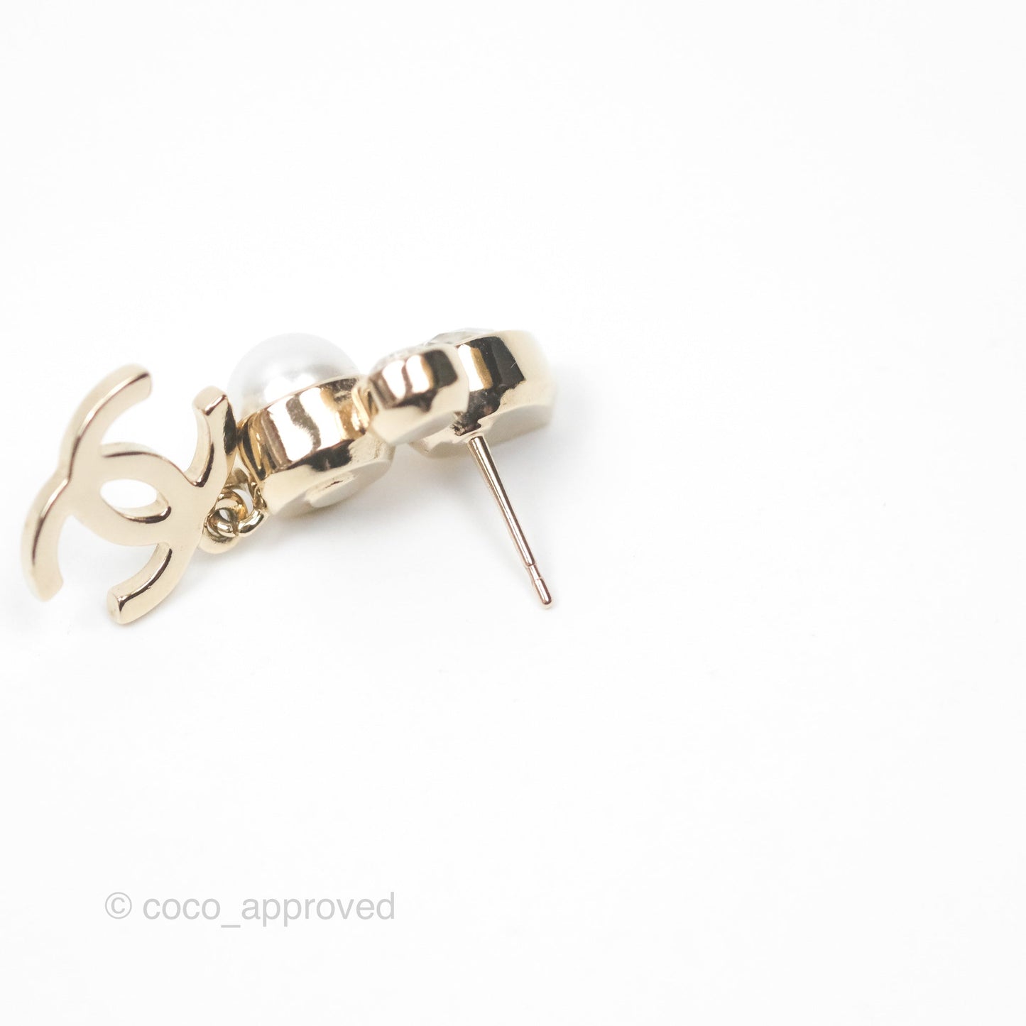 Chanel Rhinestone Pearl CC Drop Earrings Gold Tone 22C