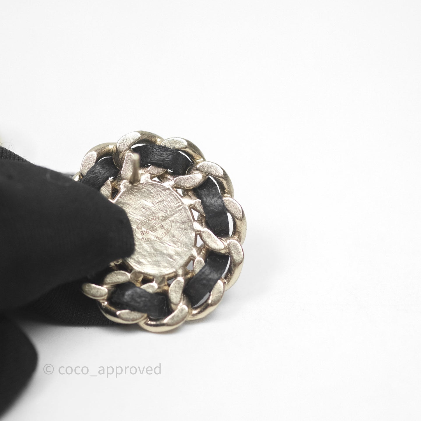 Chanel CC Black Leather Chain Round Earrings Aged Gold Tone 16B