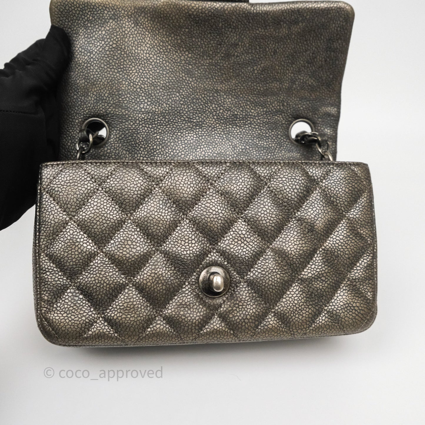 Chanel Mini Rectangular Quilted Metallic Grey Caviar Ruthenium Hardware