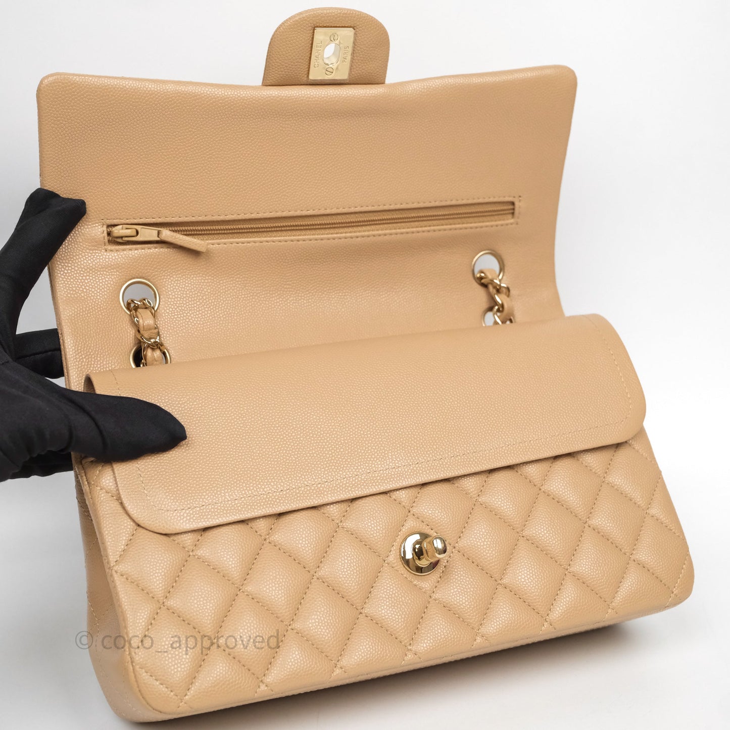 Chanel Classic M/L Medium Flap Quilted Dark Beige Caviar Gold Hardware