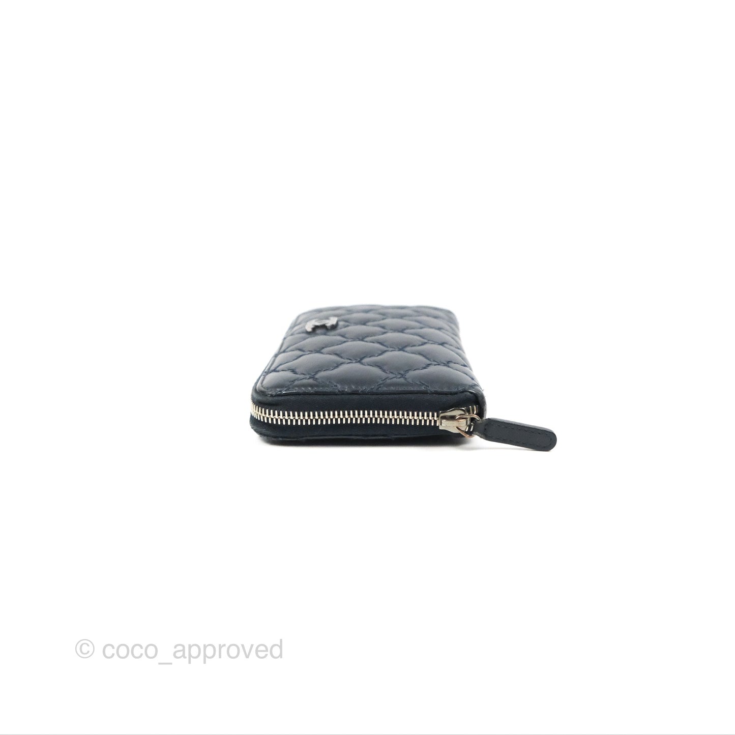 Chanel Quilted Zip Long Wallet Navy Lambskin Silver Hardware