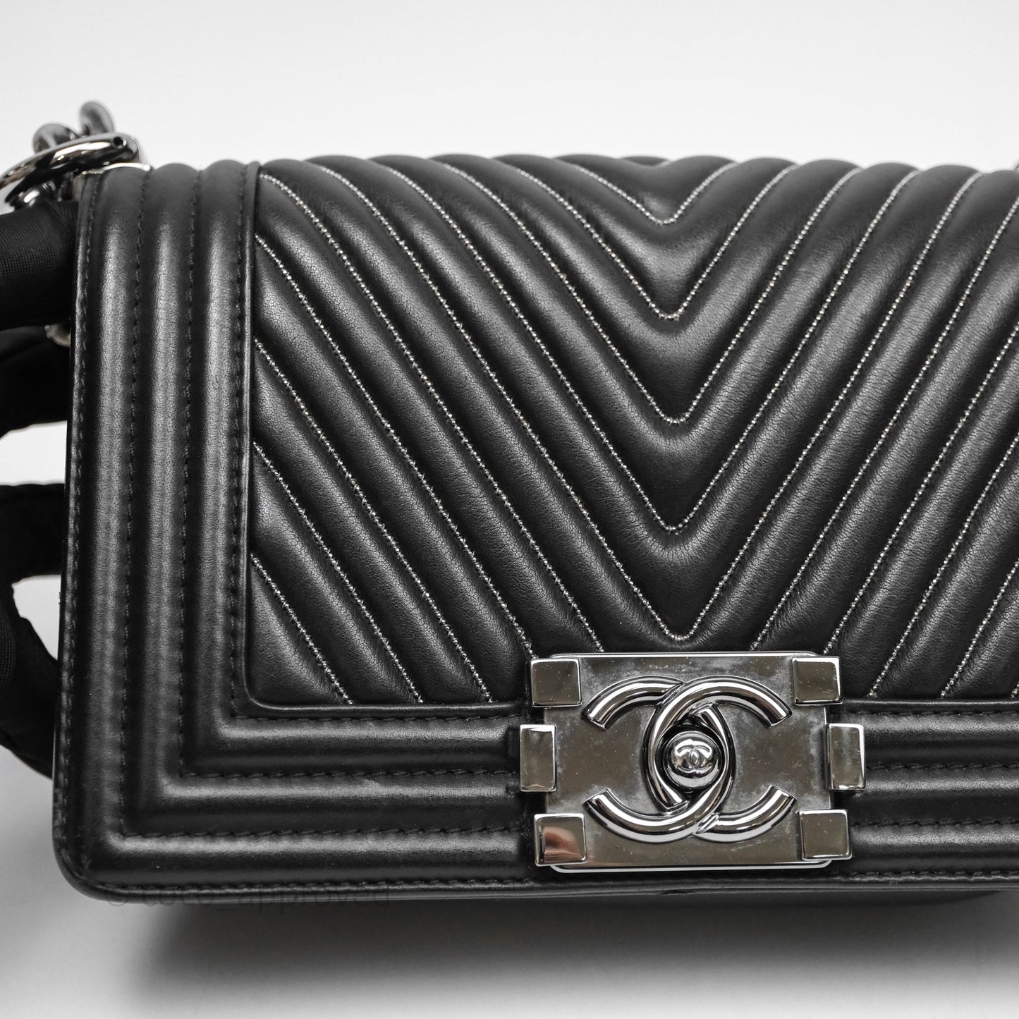 Chanel Small Boy Beaded Chevron Black Lambskin Silver Hardware