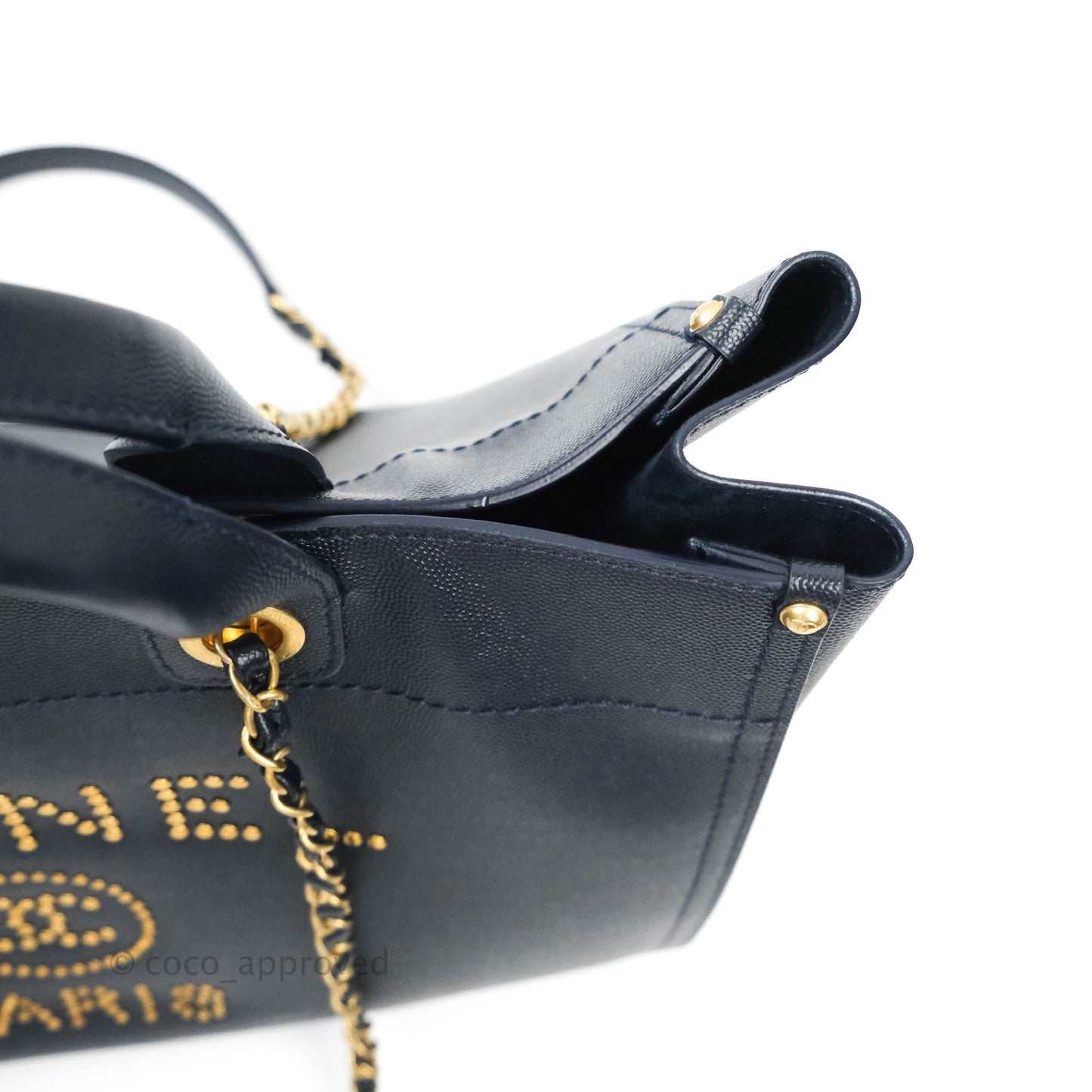Chanel Medium Studded Navy Caviar Deauville Shopping Bag Aged Gold Hardware