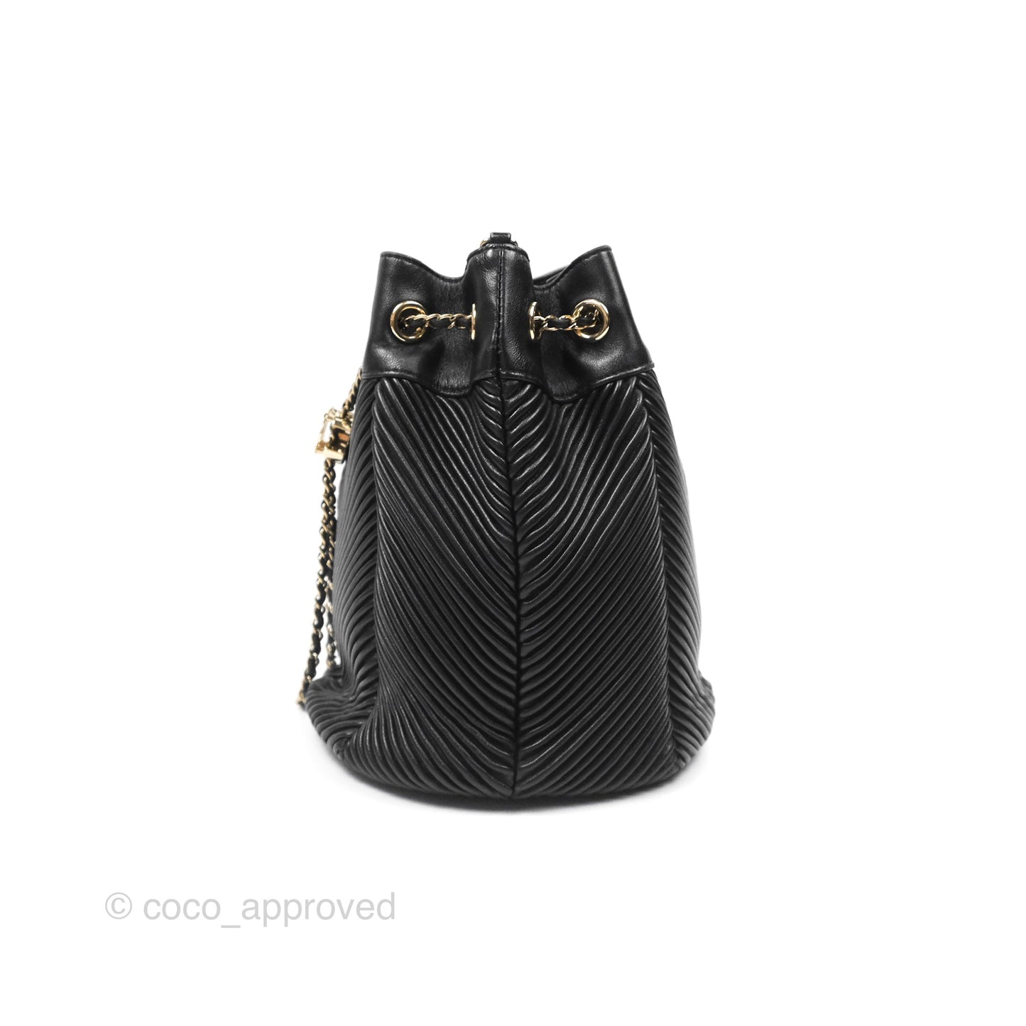 Chanel CC Chain Drawstring Bucket Bag Chevron Black Lambskin Gold Hardware