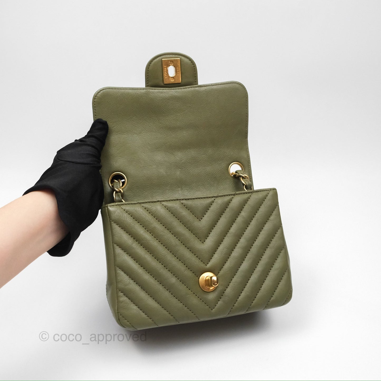 Chanel Mini Square Flap Chevron Olive Green Calfskin Gold Hardware