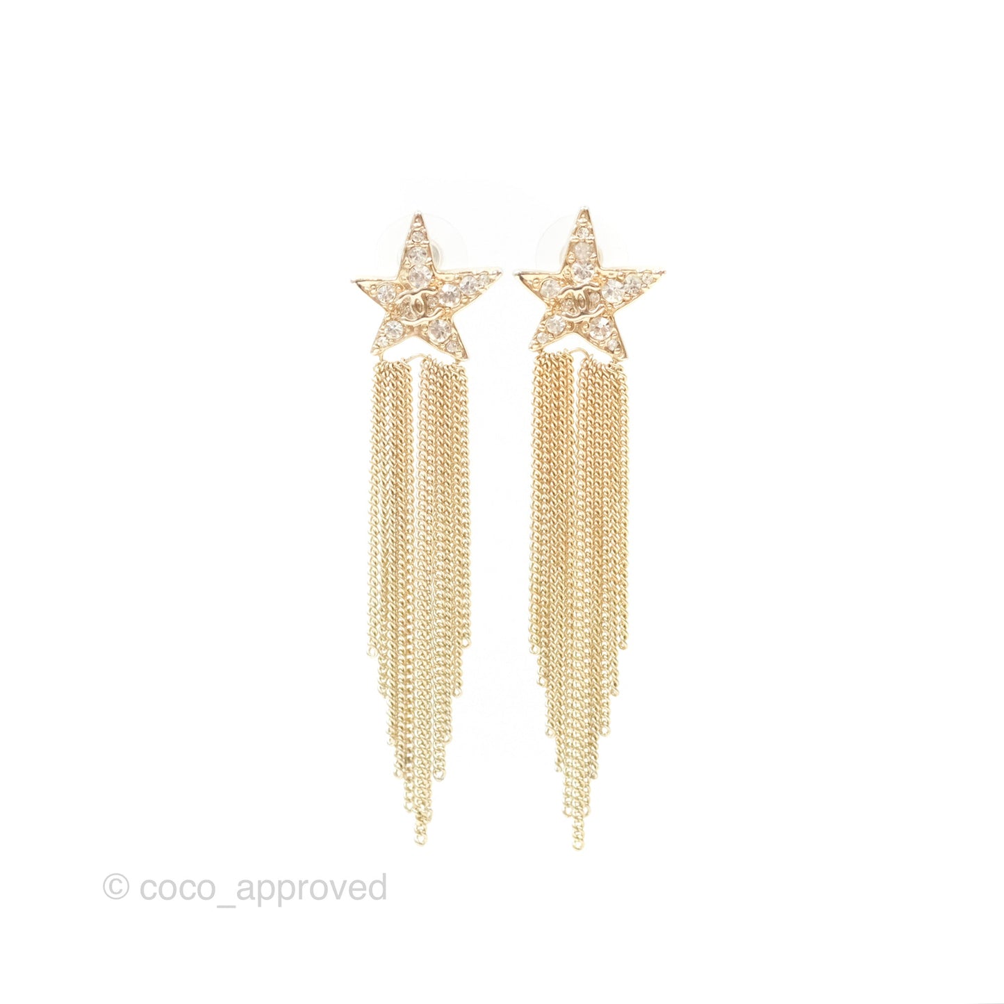 Chanel CC Crystal Star Drop Earrings Gold Tone 17A