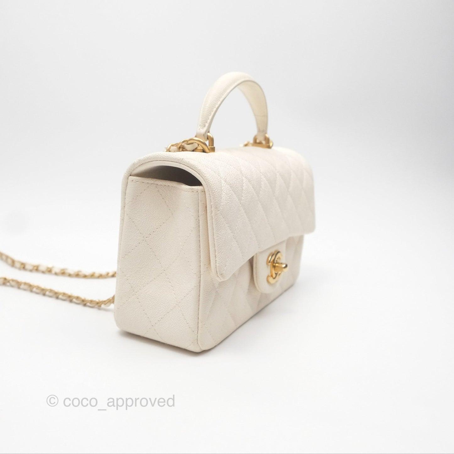 Chanel Top Handle Mini Rectangular Flap Bag Ivory White Caviar Aged Gold Hardware