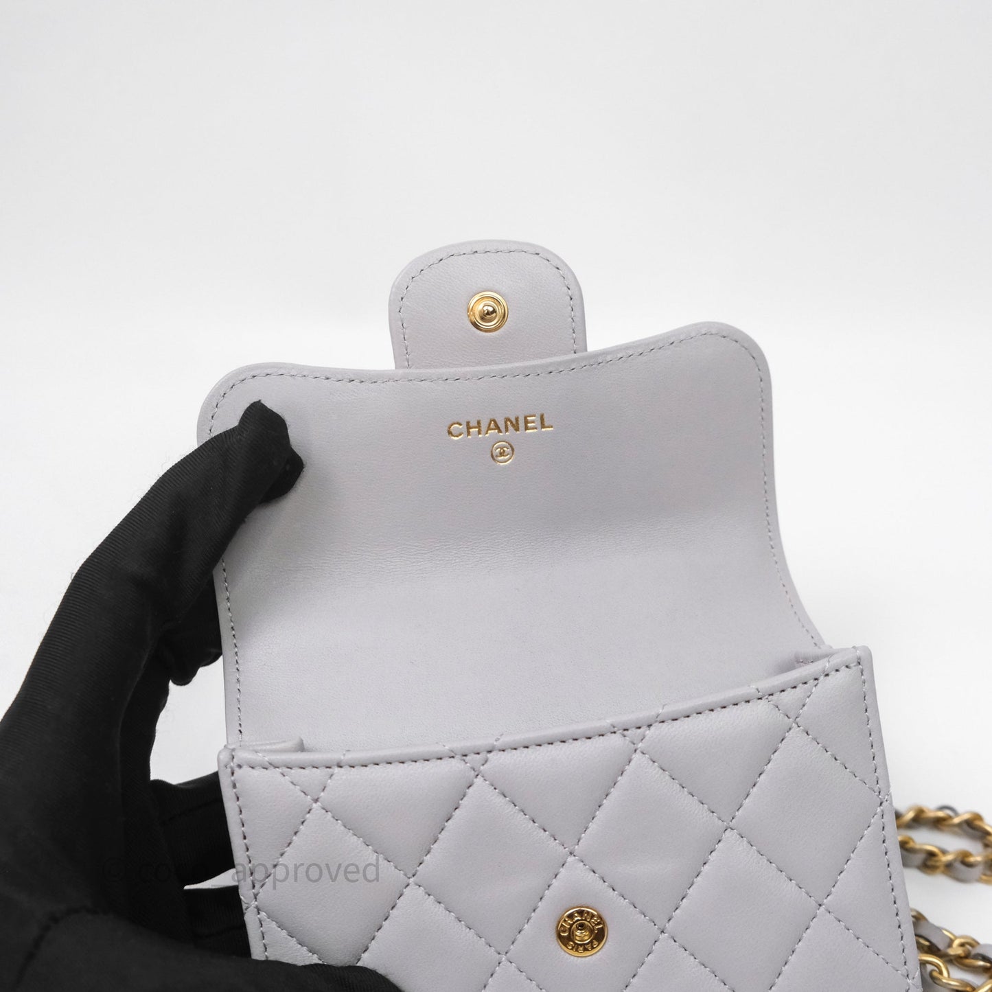 Chanel Mini Handle Flap Coin Purse With Chain Grey Lambskin Aged Gold Hardware