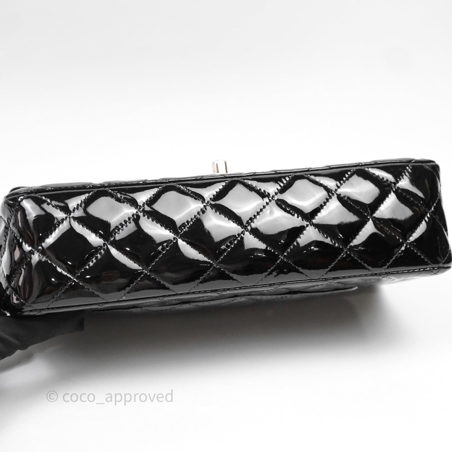 Chanel Medium Classic Flap Quilted Black Patent Silver Hardware