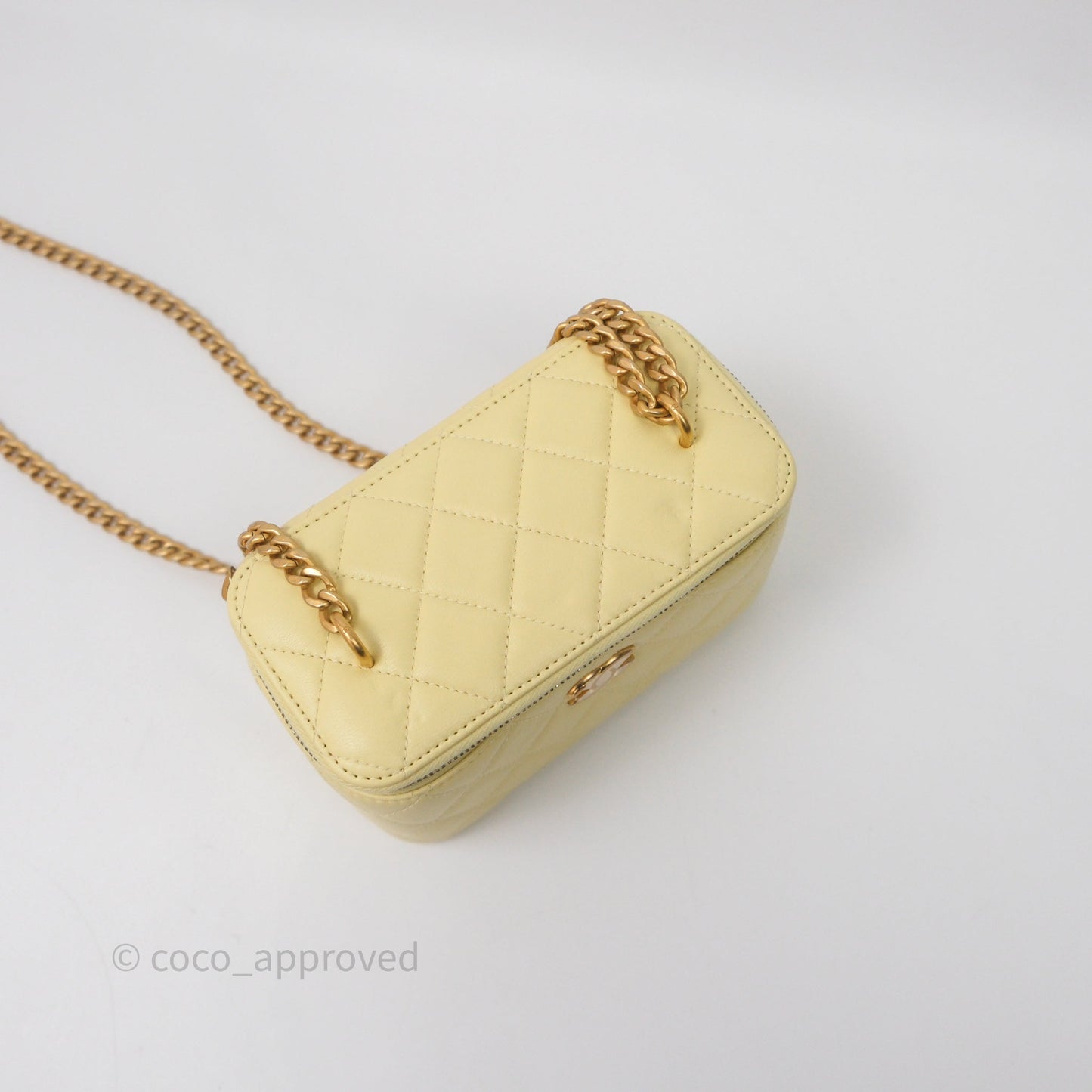 Chanel Quilted Vanity Rectangular with Camellia Adjustable Chain Yellow Lambskin