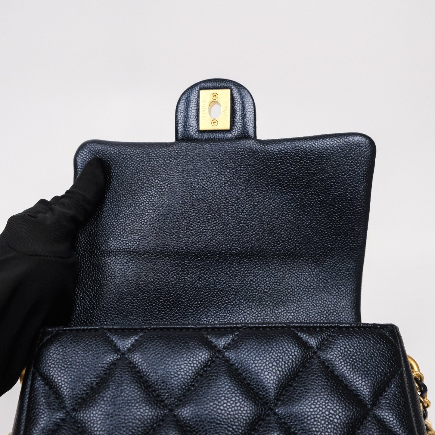 Chanel My Perfect Mini Flap Quilted Iridescent Navy Caviar Aged Gold Hardware