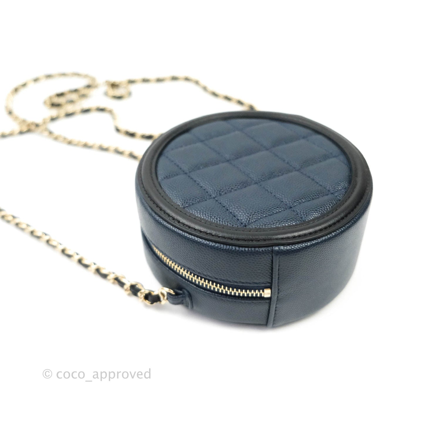 Chanel Quilted Round Filigree Clutch With Chain Navy Black Caviar Gold Hardware