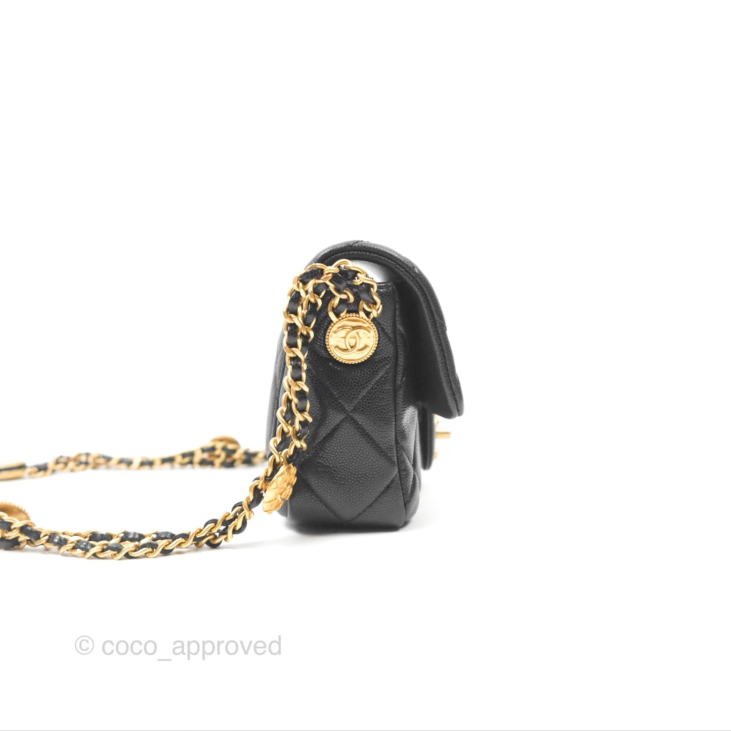 Chanel Mini Flap with Coin Charm Black Caviar Aged Gold Hardware 22A