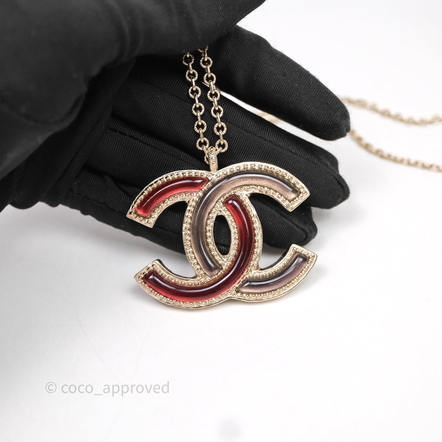 Chanel Large CC Necklace Burgundy/Grey Enamel Gold Tone 17A
