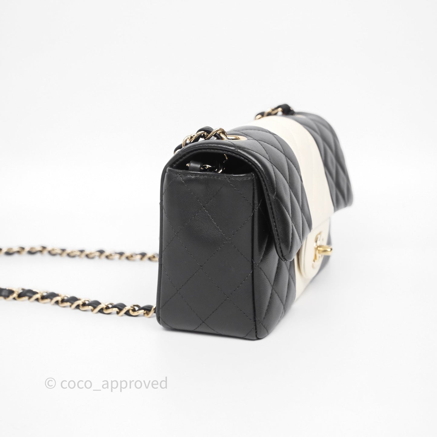 Chanel Mini Rectangular Flap Quilted Black White Lambskin Gold Hardware