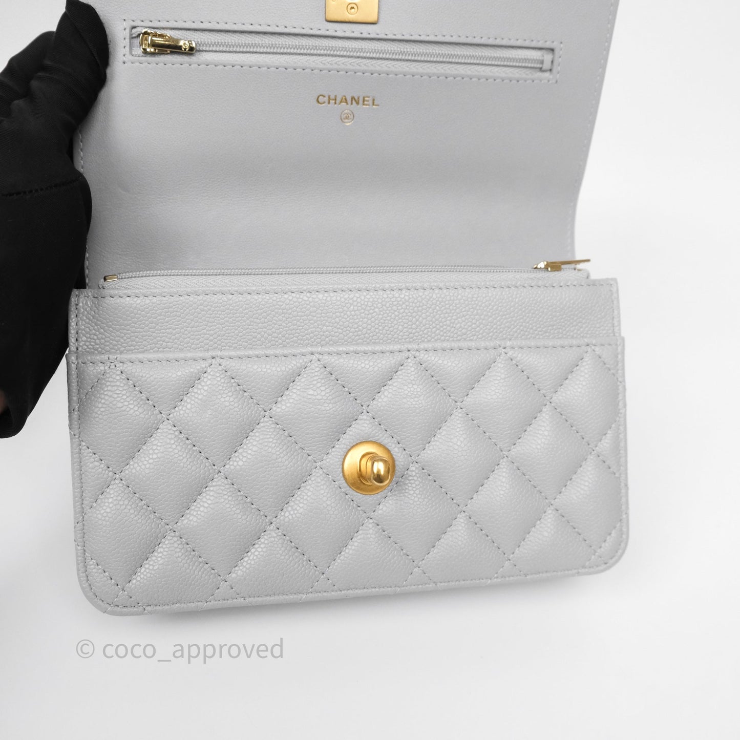 Chanel Heart Adjustable Chain WOC Grey Caviar Aged Gold Hardware