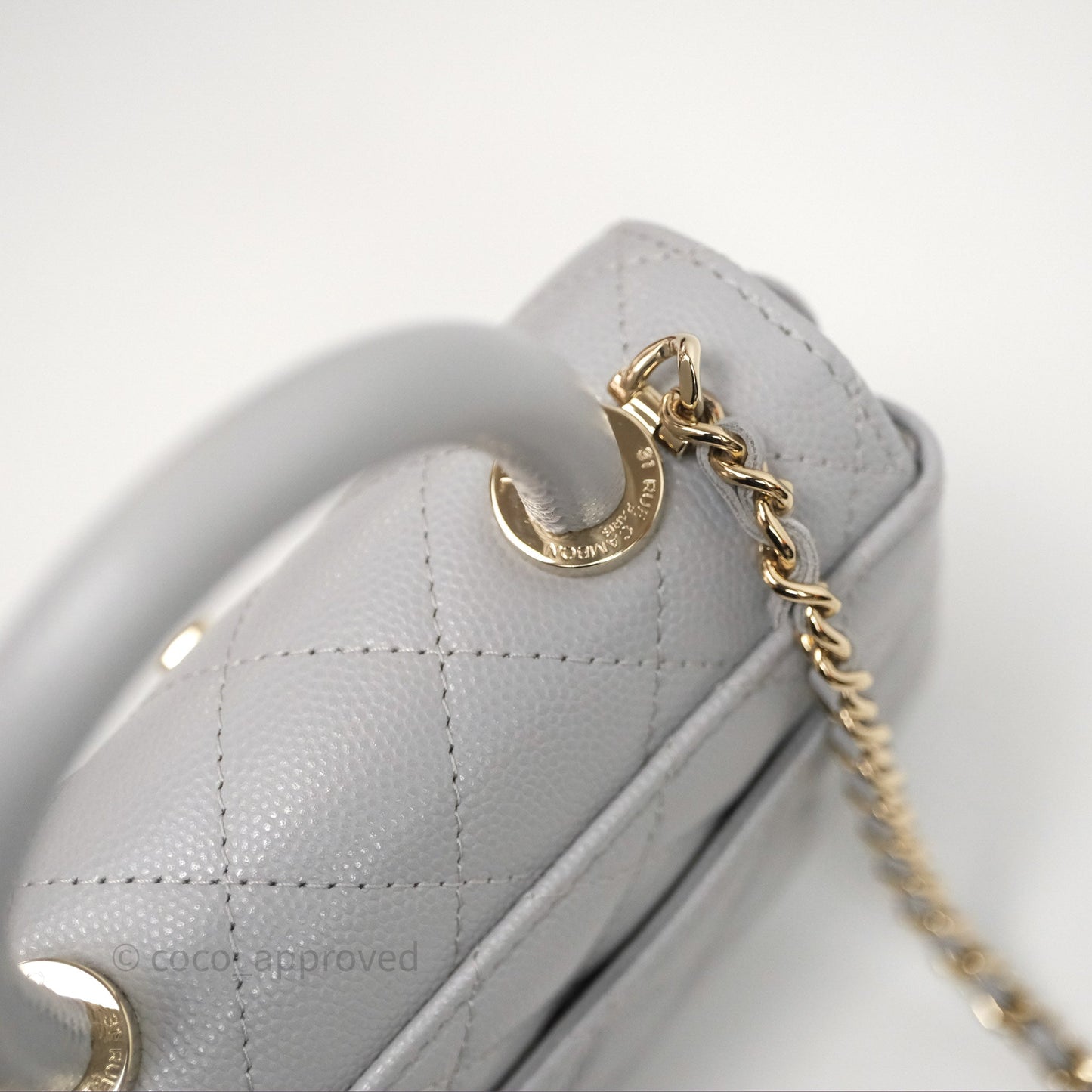 Chanel Coco Handle Clutch with Chain Quilted Light Grey Caviar Gold Hardware