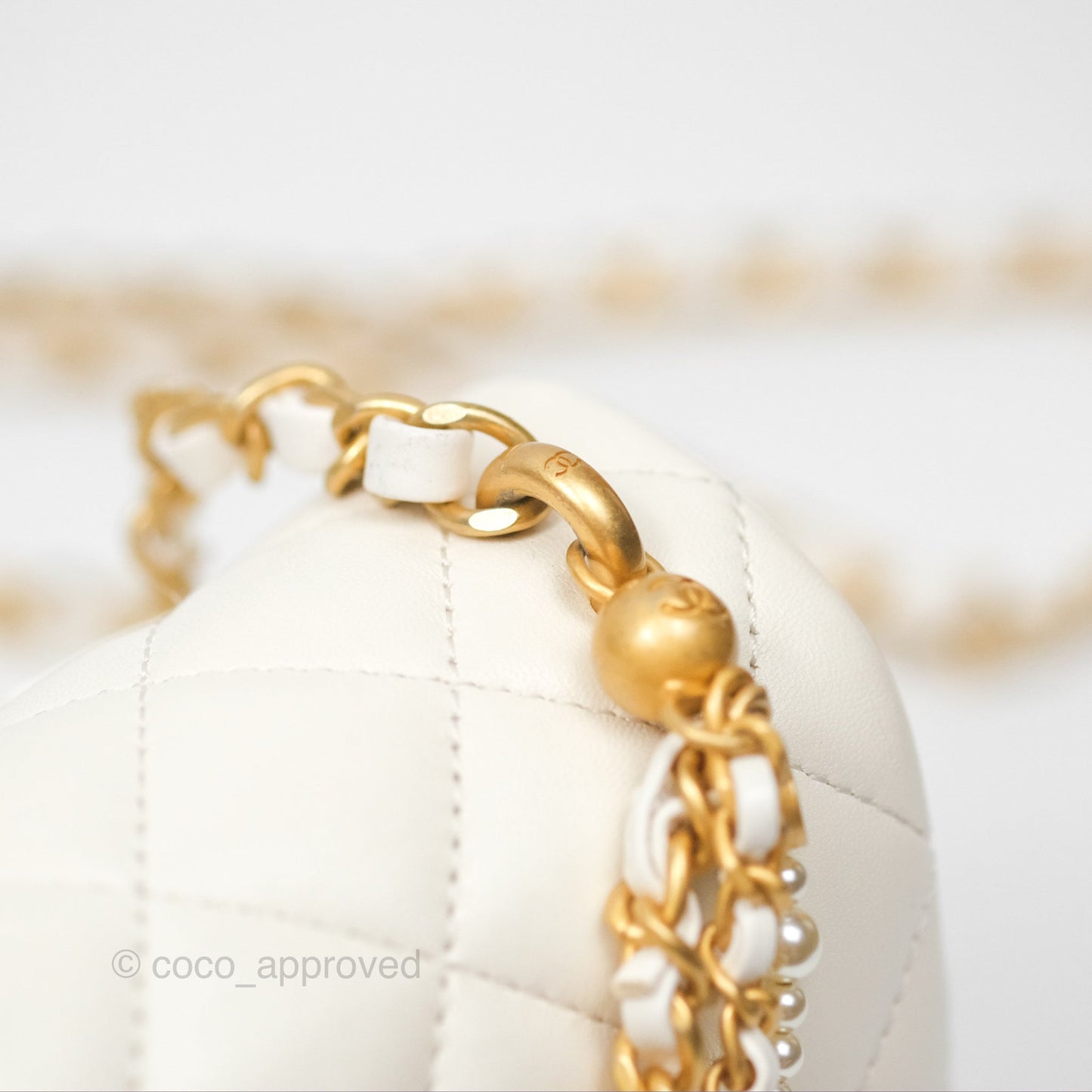 Chanel Pearl Chain Mini Flap Bag White Lambskin Aged Gold Hardware 24P