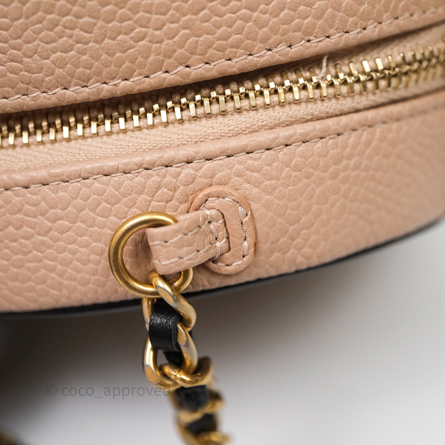 Chanel Quilted Round Filigree Clutch With Chain Beige/ Black Caviar Aged Gold Hardware