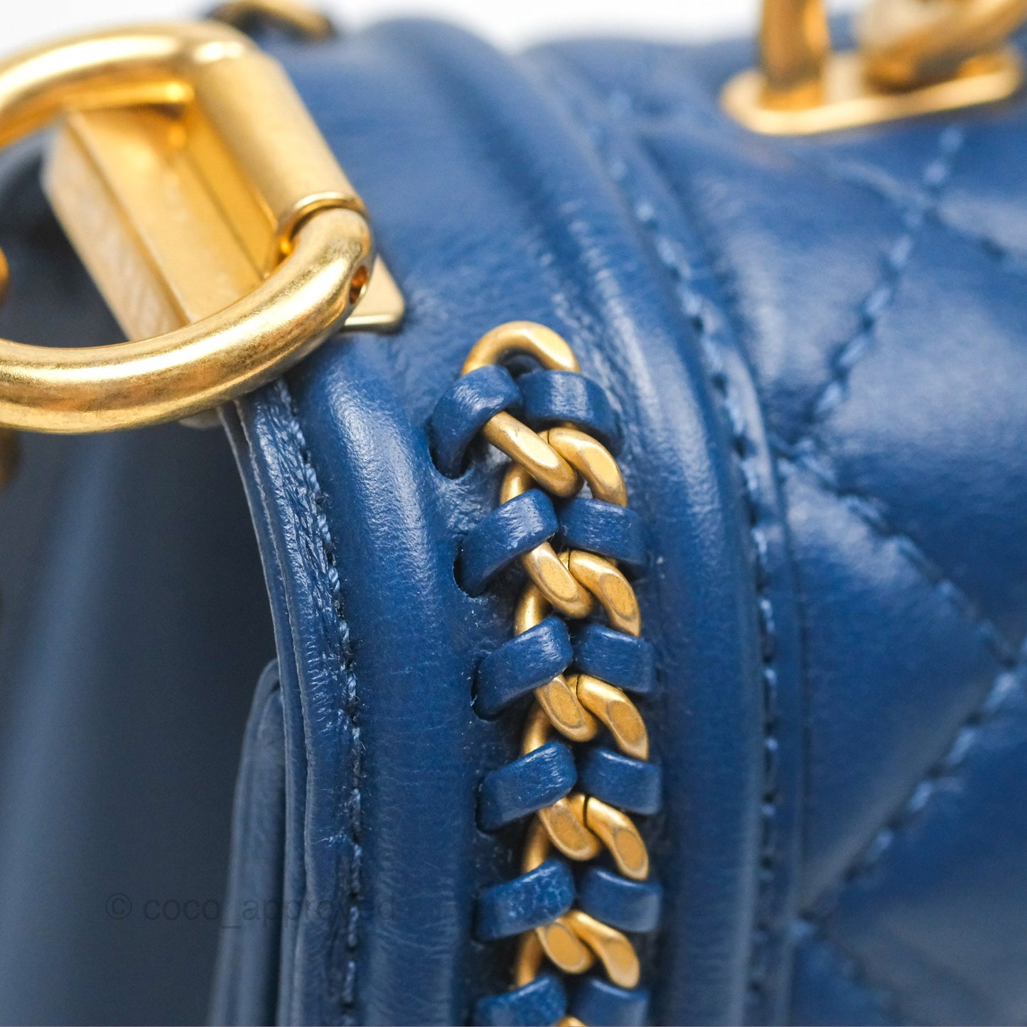 Chanel Quilted Medium Boy With Handle Dark Blue Calfskin Aged Gold Hardware