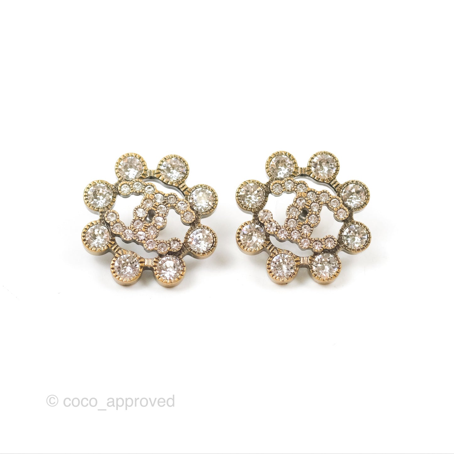 Chanel Crystal CC Earrings Antique Gold Tone 20S