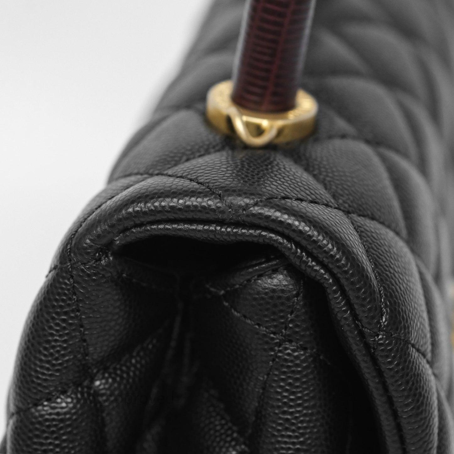 Chanel Small Coco Handle Quilted Black Caviar Aged Gold Hardware Lizard Handle