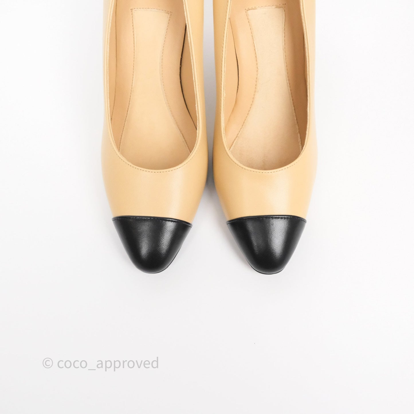Chanel Beige Toe Pointed Black Pump Heels With Pearl Size 36.5C