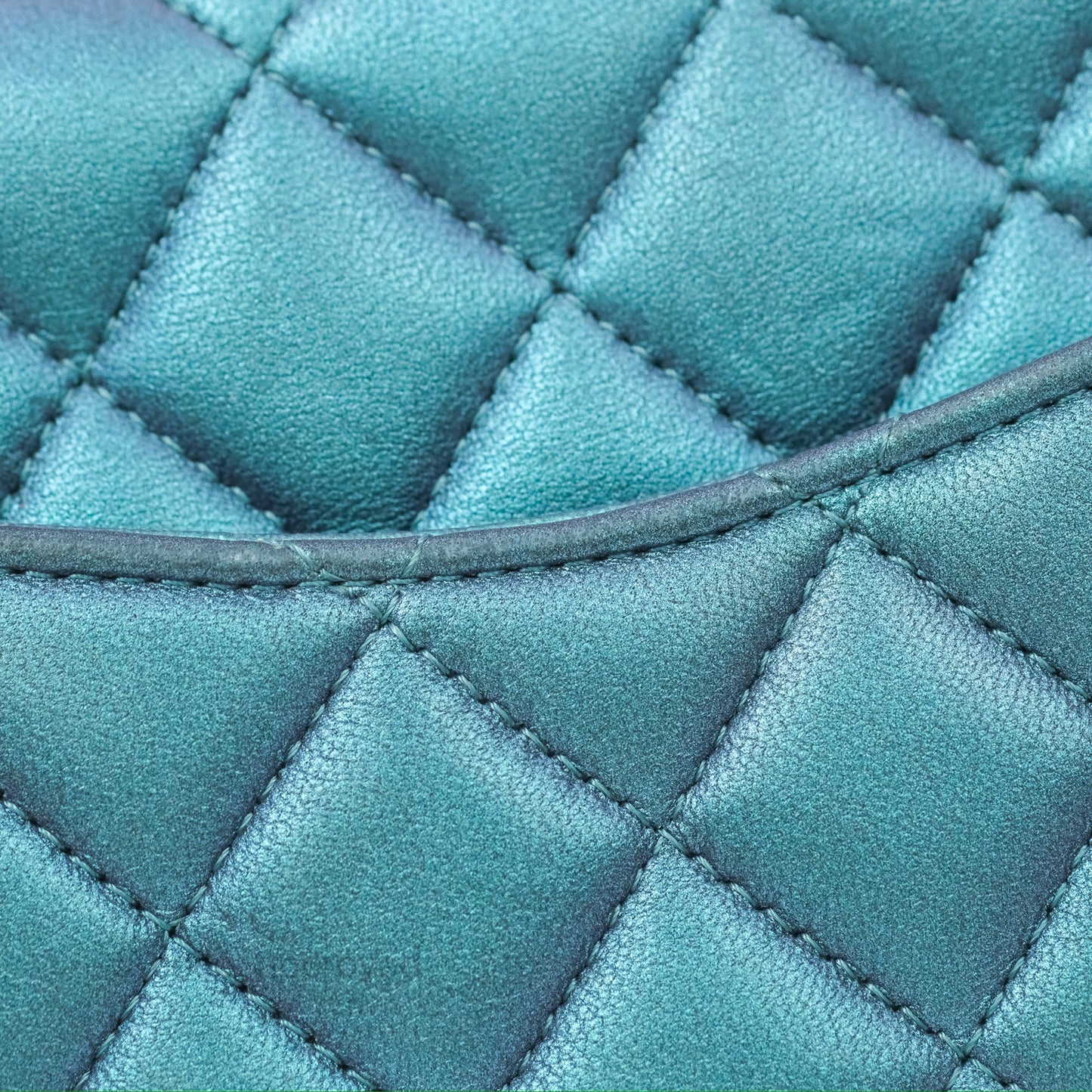 Chanel Mini Square Flap Quilted Iridescent Teal Lambskin Gun Metal