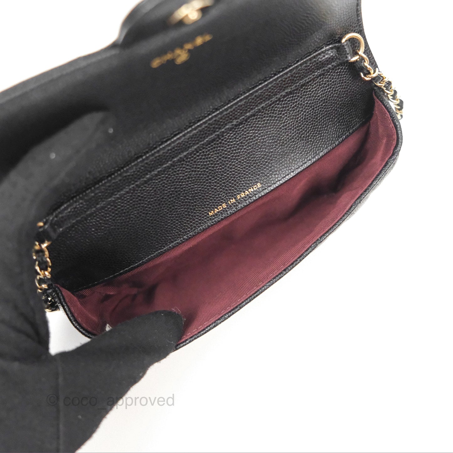 Chanel Quilted Glasses Case With Chain Black Caviar Gold Hardware