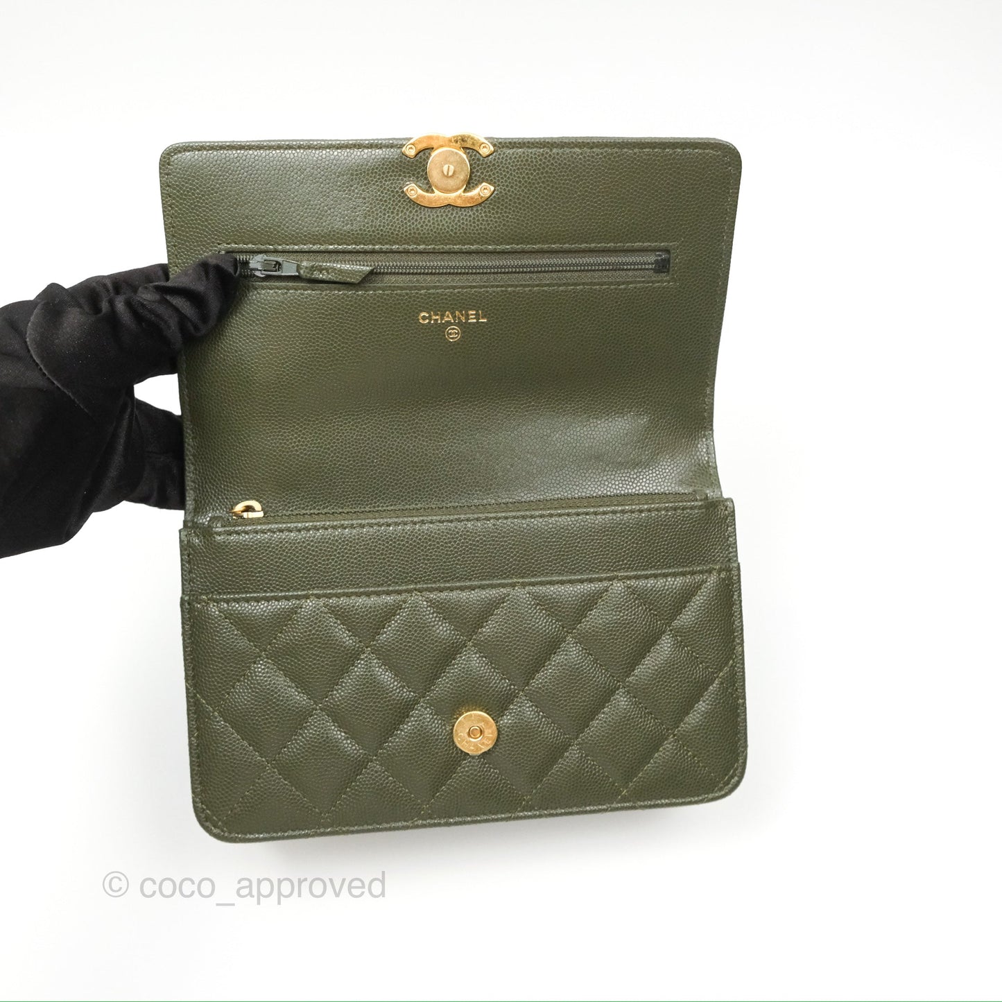 Chanel Coco First Wallet On Chain WOC Dark Olive Green Caviar Gold Hardware 22K