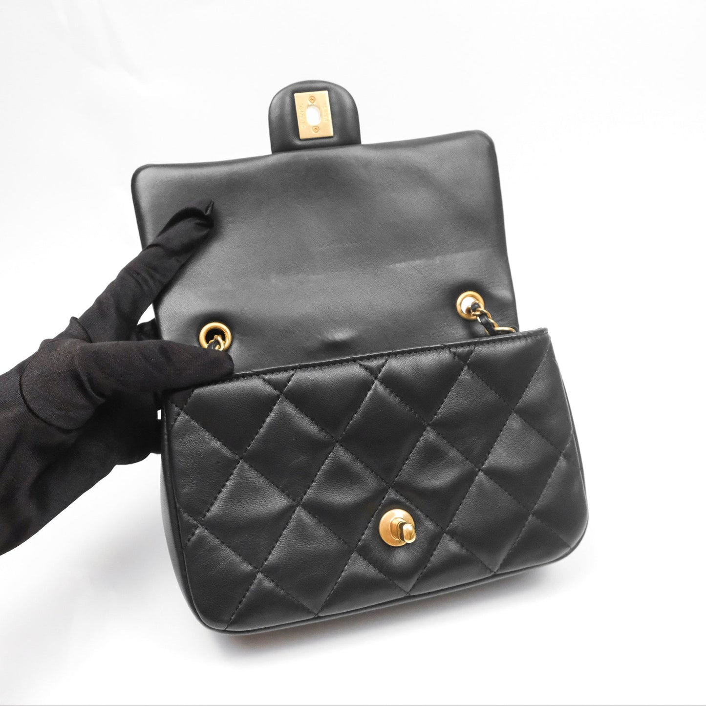 Chanel Mini Flap Bag With Heart CC Charm Black Lambskin Aged Gold Hardware 22B