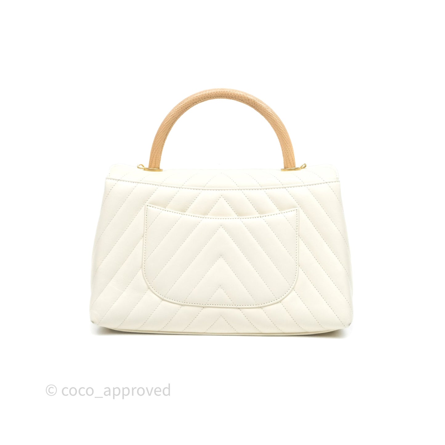Chanel Medium Coco Handle Chevron Aged Calfskin Ivory Aged Gold Hardware Beige Lizard Handle