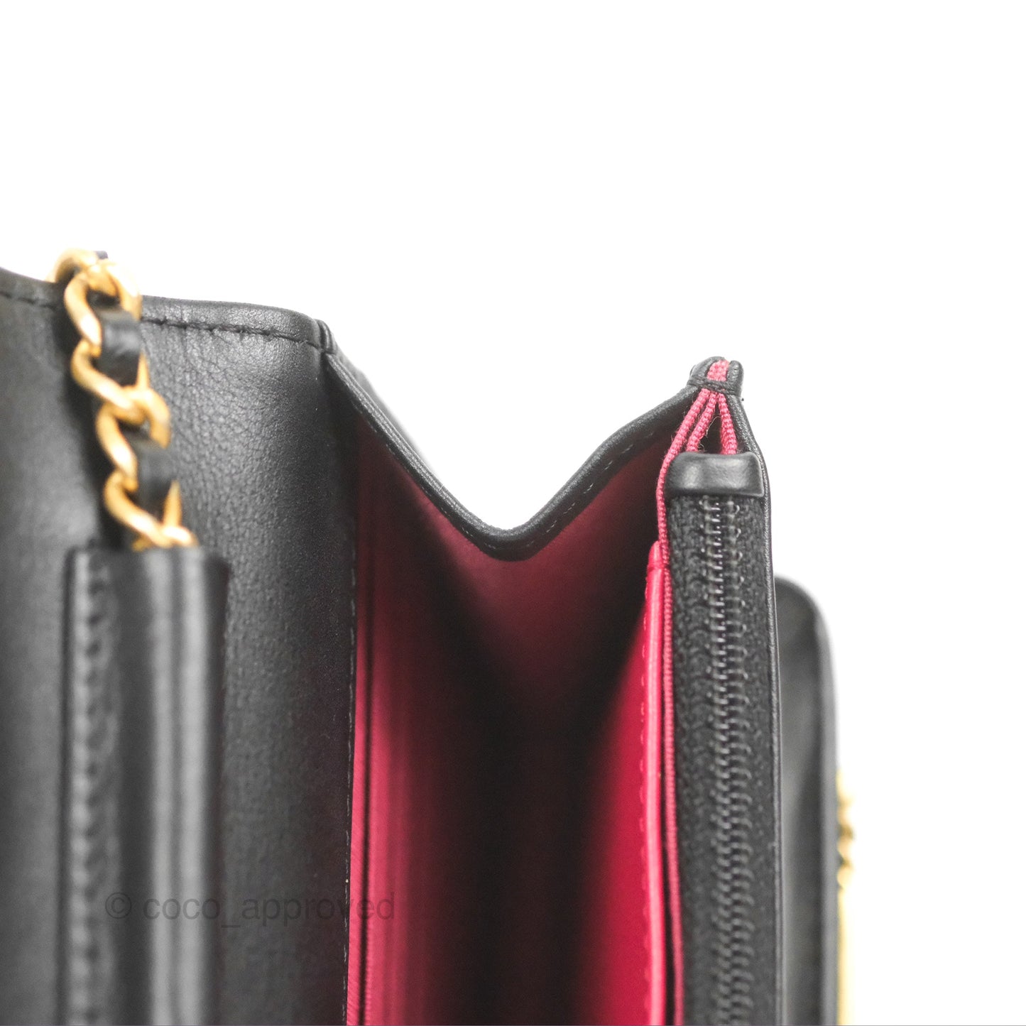 Chanel Logo Enchained Wallet On Chain WOC Black Calfskin Gold Hardware