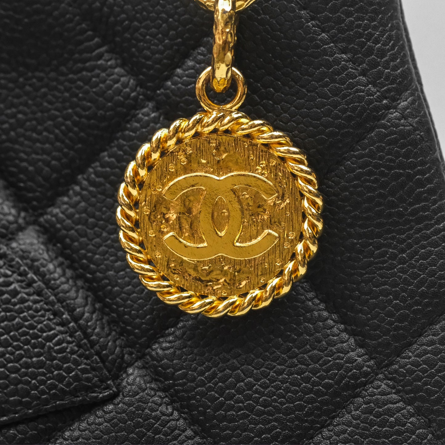 Chanel Vintage Medallion CC Black Caviar Tote Bag Gold Hardware
