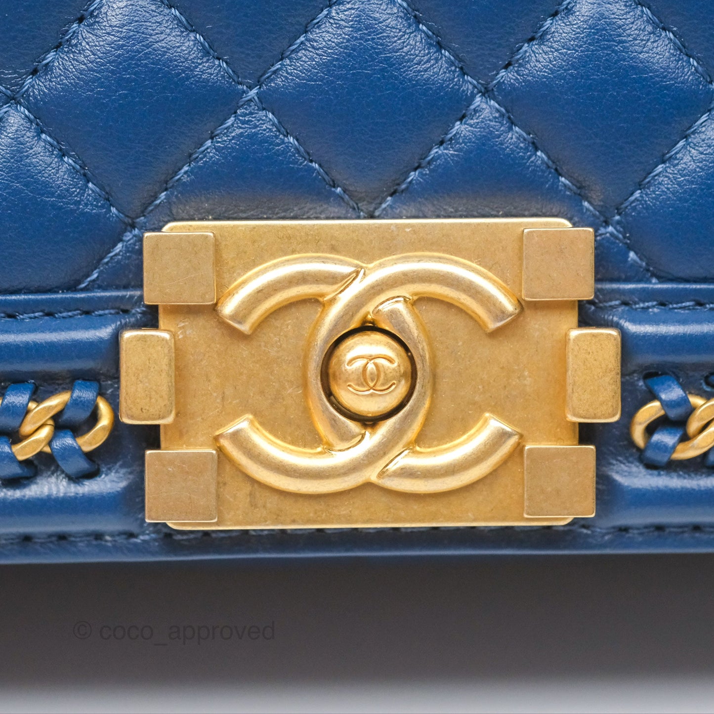 Chanel Quilted Medium Boy With Handle Dark Blue Calfskin Aged Gold Hardware