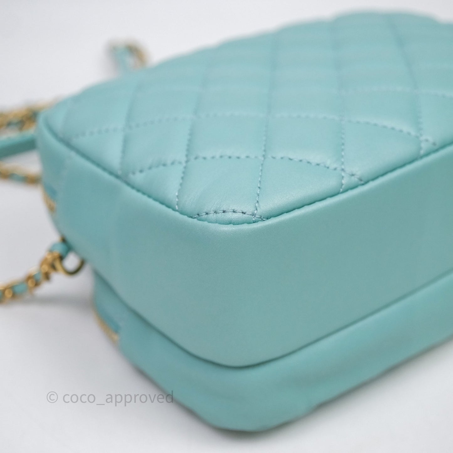 Chanel Camera Bag Quilted Pearly Turquoise Lambskin Aged Gold Hardware