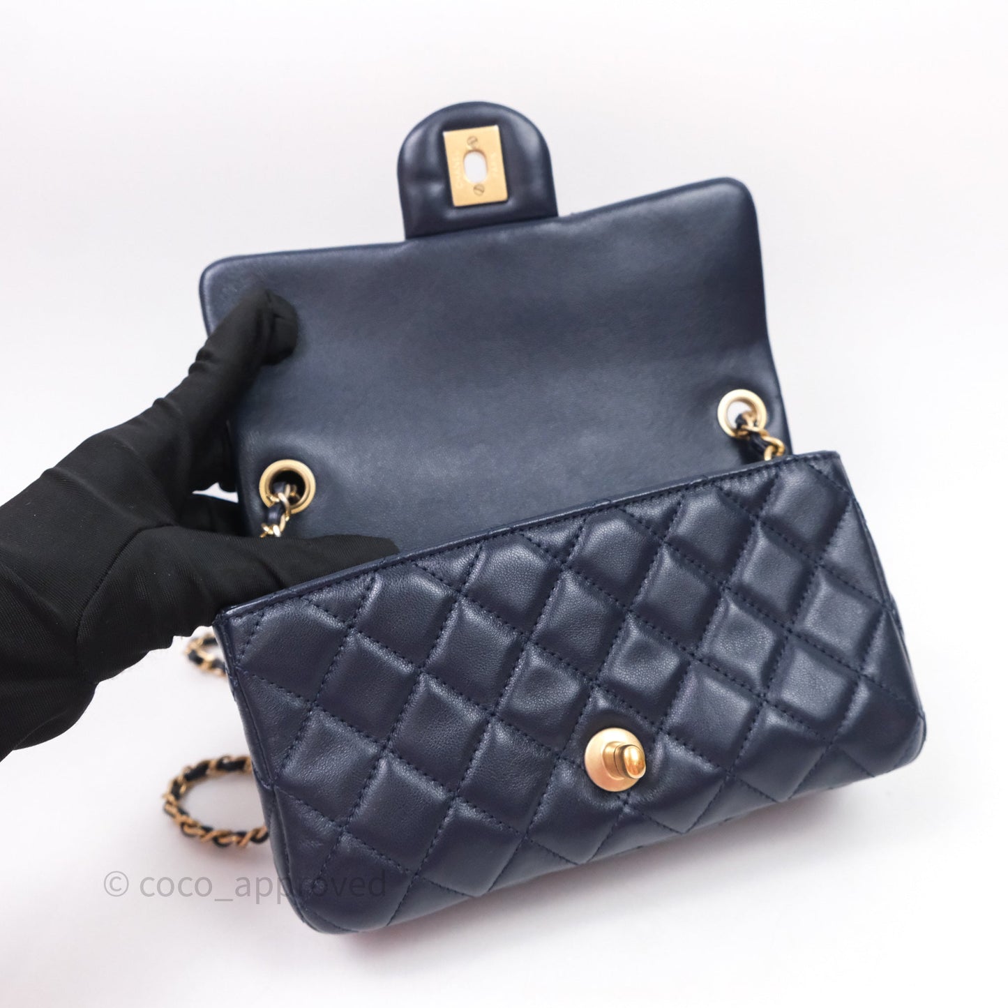 Chanel Mini Rectangular Pearl Crush Navy Lambskin Aged Gold Hardware